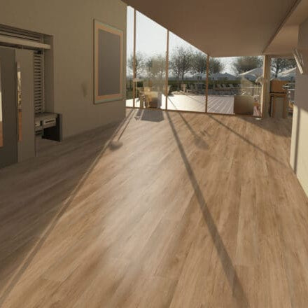 Modern interior with neutral light medium hardwood floor and large windows