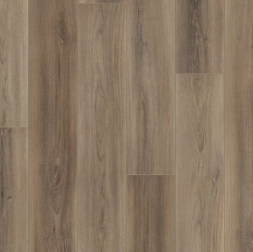 Close-up of wood-patterned flooring with a focus on texture and color variation. Coretec Originals Worn Leather Pecan