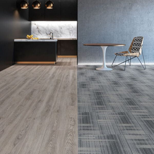 Two different flooring options side by side: a wood-patterned floor on the left and a geometric patterned carpet on the right.