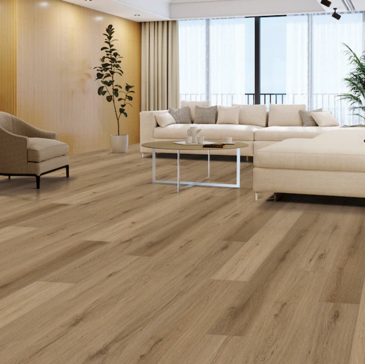 Modern living room with beige sectional sofa, armchair, and coffee table on a wooden floor. BiYork Hydrogen 6 Harvest vinyl plank floor.