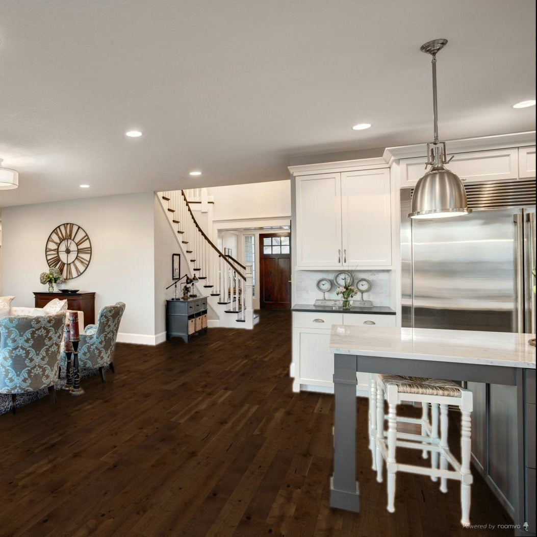 Modern living room and kitchen with wooden flooring and white walls. Millcreek Damask hardwood flooring.