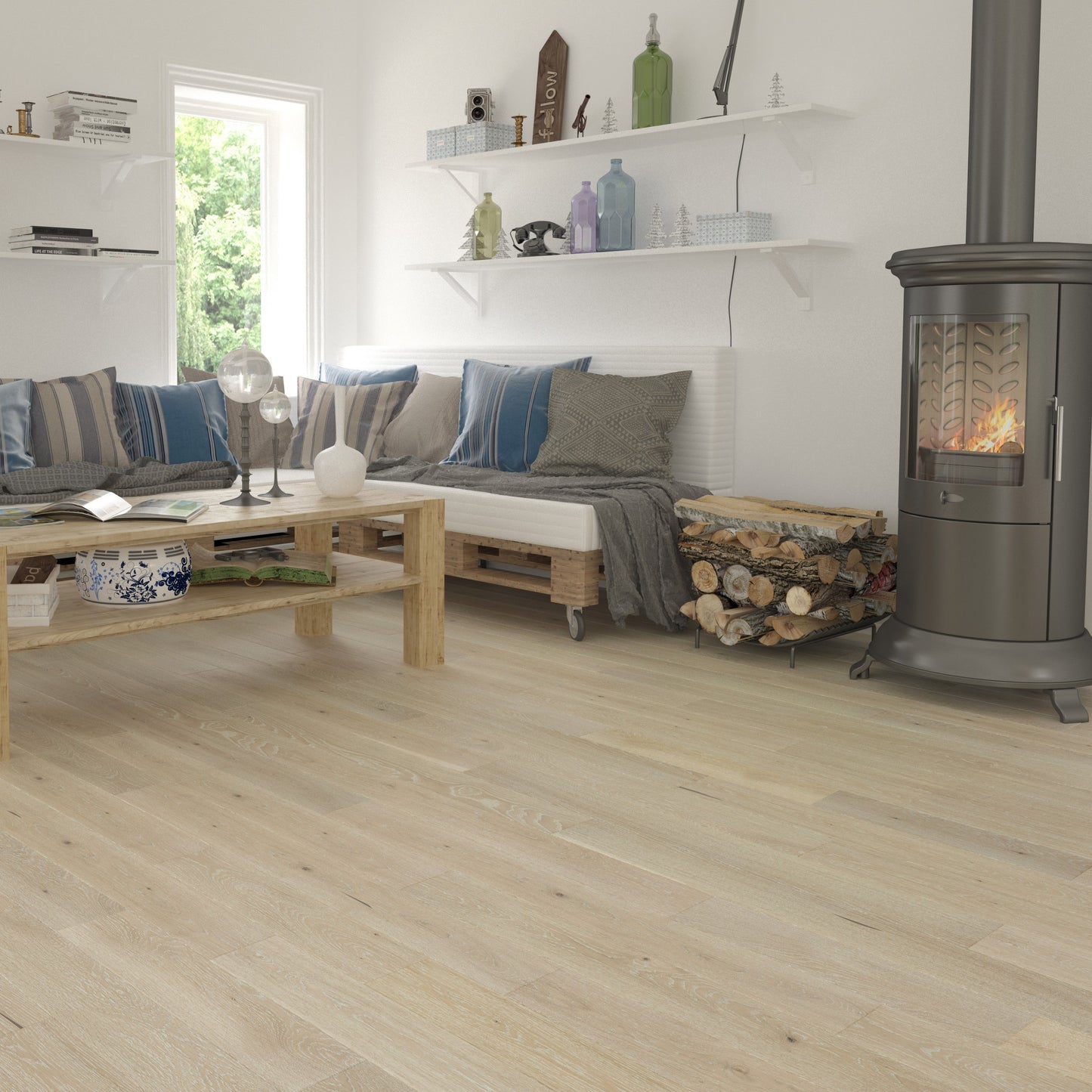 Living room with a wooden floor, sofa, coffee table, and a stove. Millcreek Linen hardwood flooring.