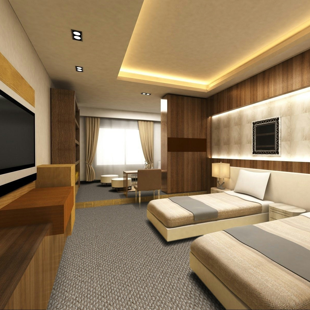 Modern bedroom with two beds, a TV, and decorative elements. Beaulieu carpet Nostalgia Ceylan Tea made in Canada.