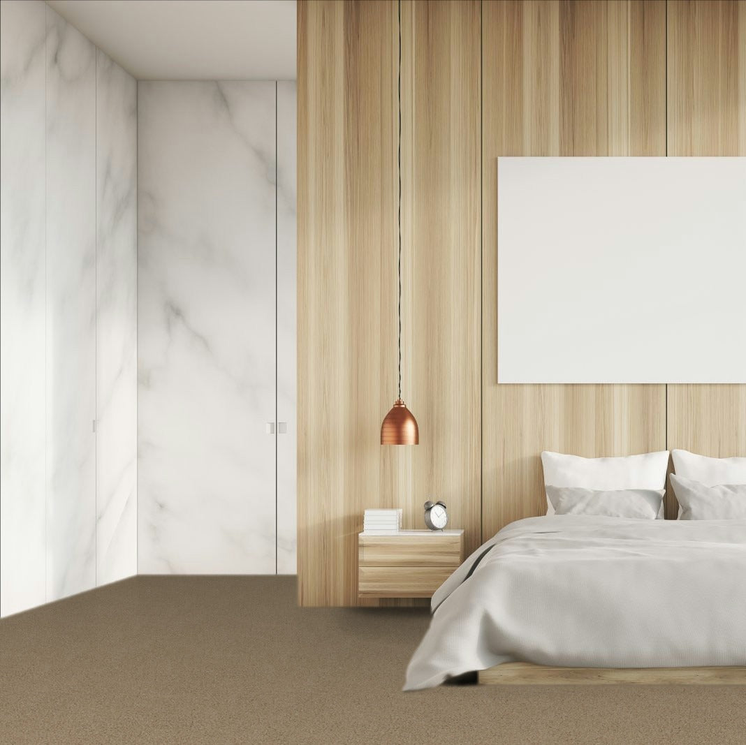 Modern bedroom with wooden headboard and marble wall. Beaulieu Spartacus Mystic Beige carpet