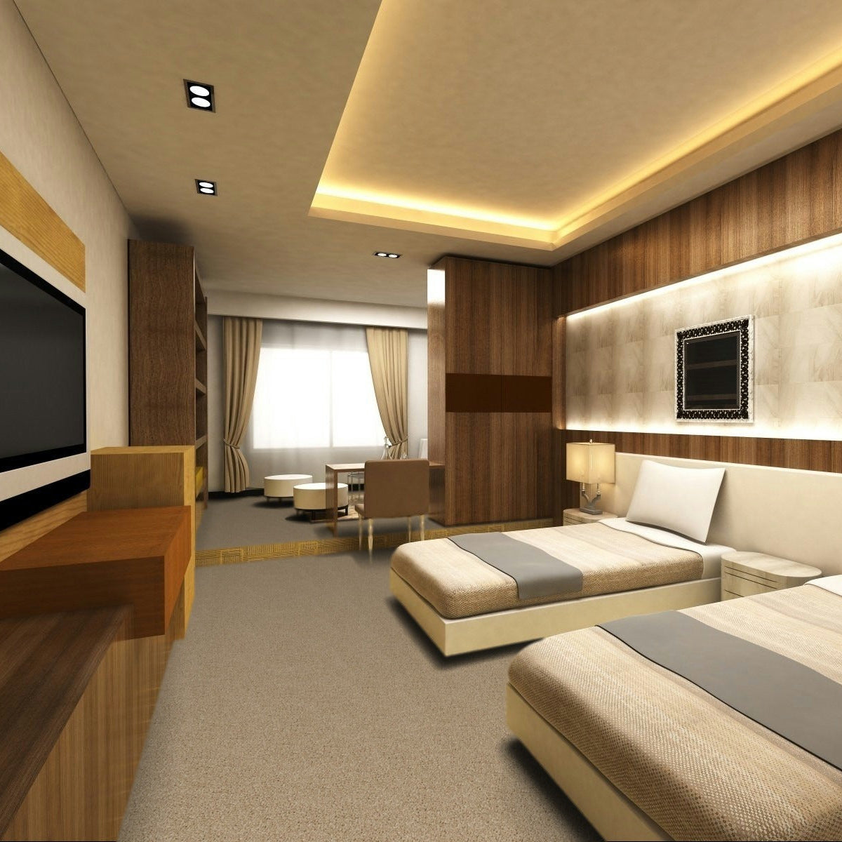 Modern bedroom with two beds, a TV, and a seating area.