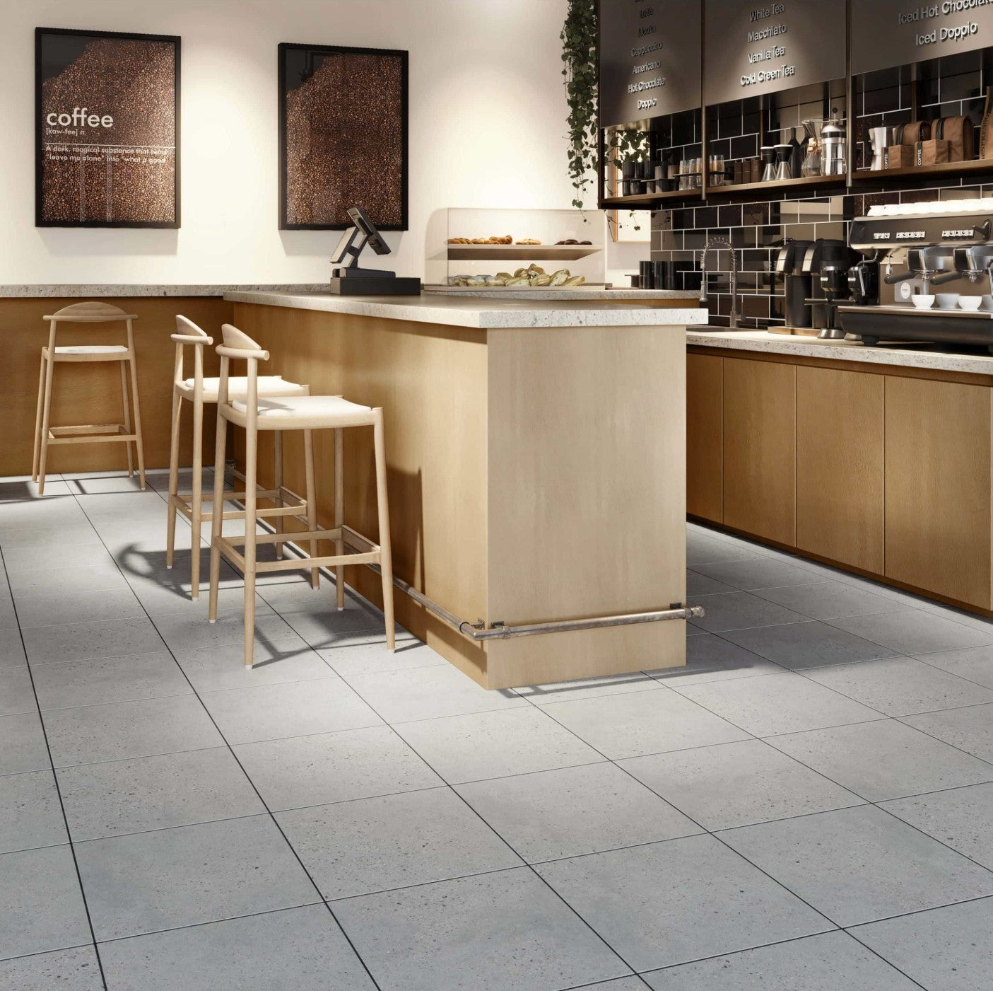Modern kitchen interior with a bar area and tiled floor. Ceratec Cassio Grigio floor tile