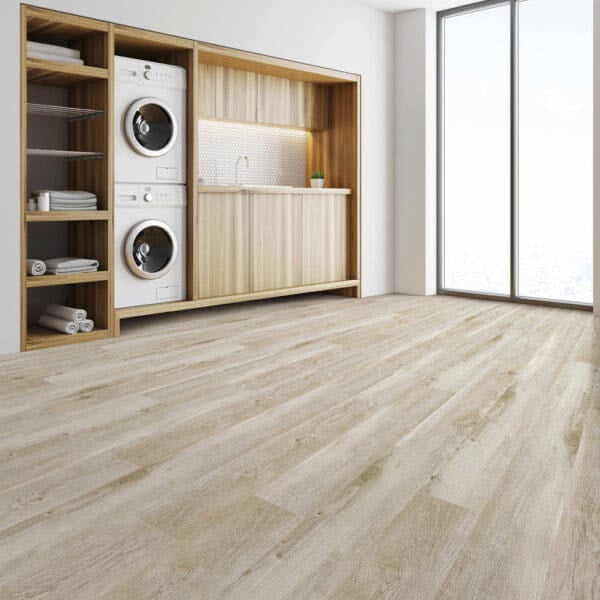 Modern laundry room with wooden cabinets and washing machines.