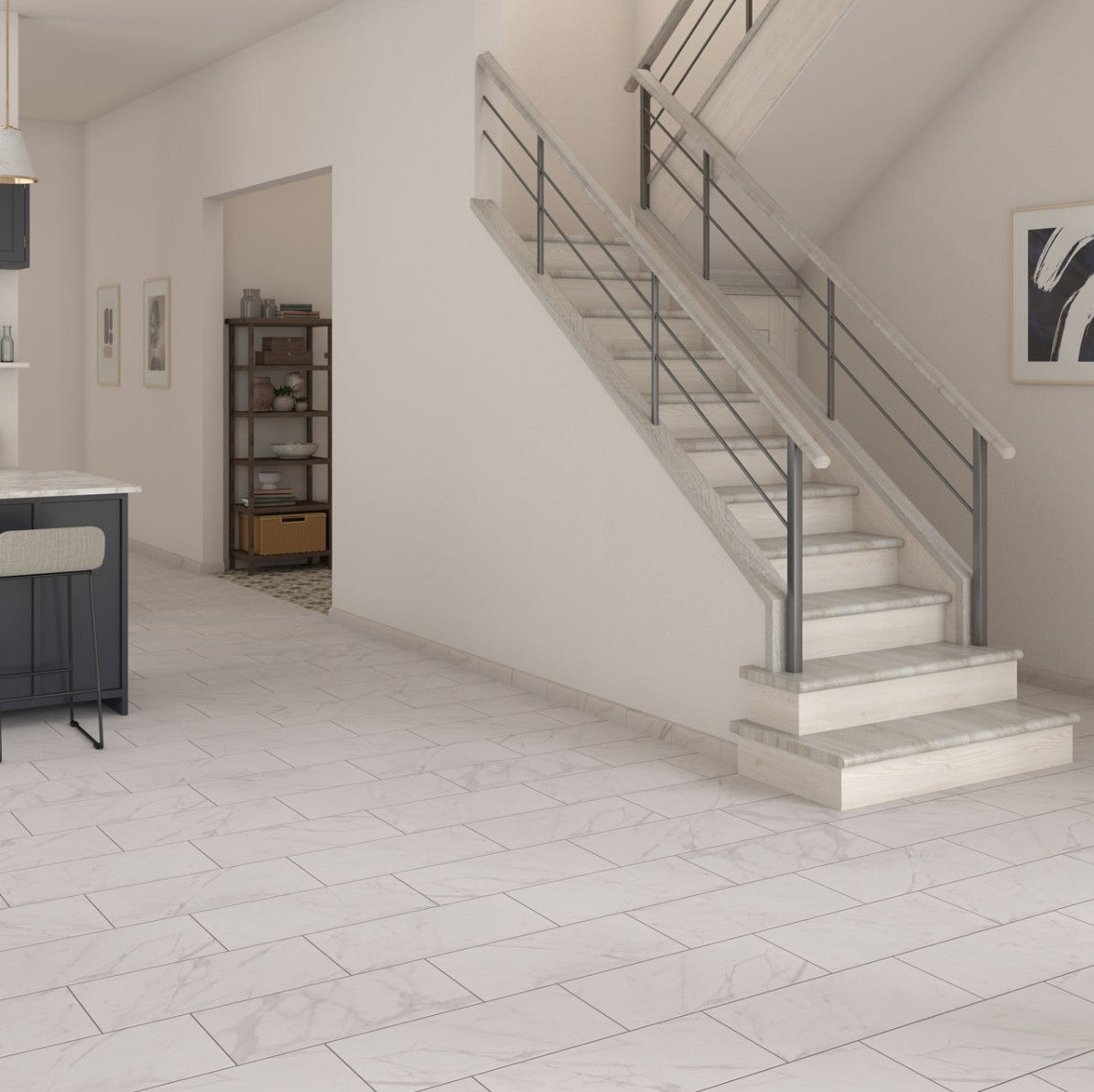 Modern interior with a staircase and tiled white marble floor. Dal Tile Costar Calacatta Empire 12" x 24"