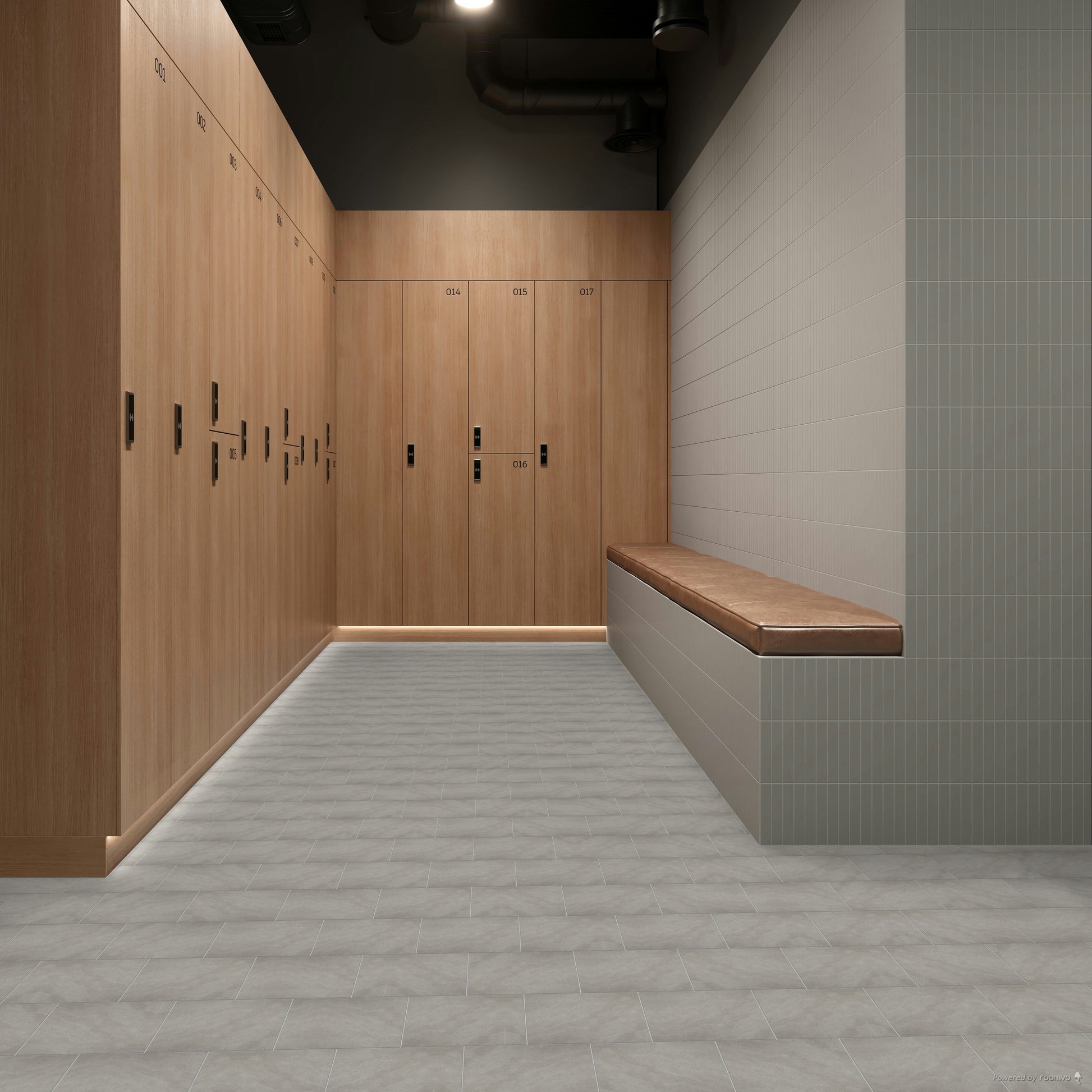 Modern locker room with wooden lockers and a bench. Dal Tile Choice Iron square tile