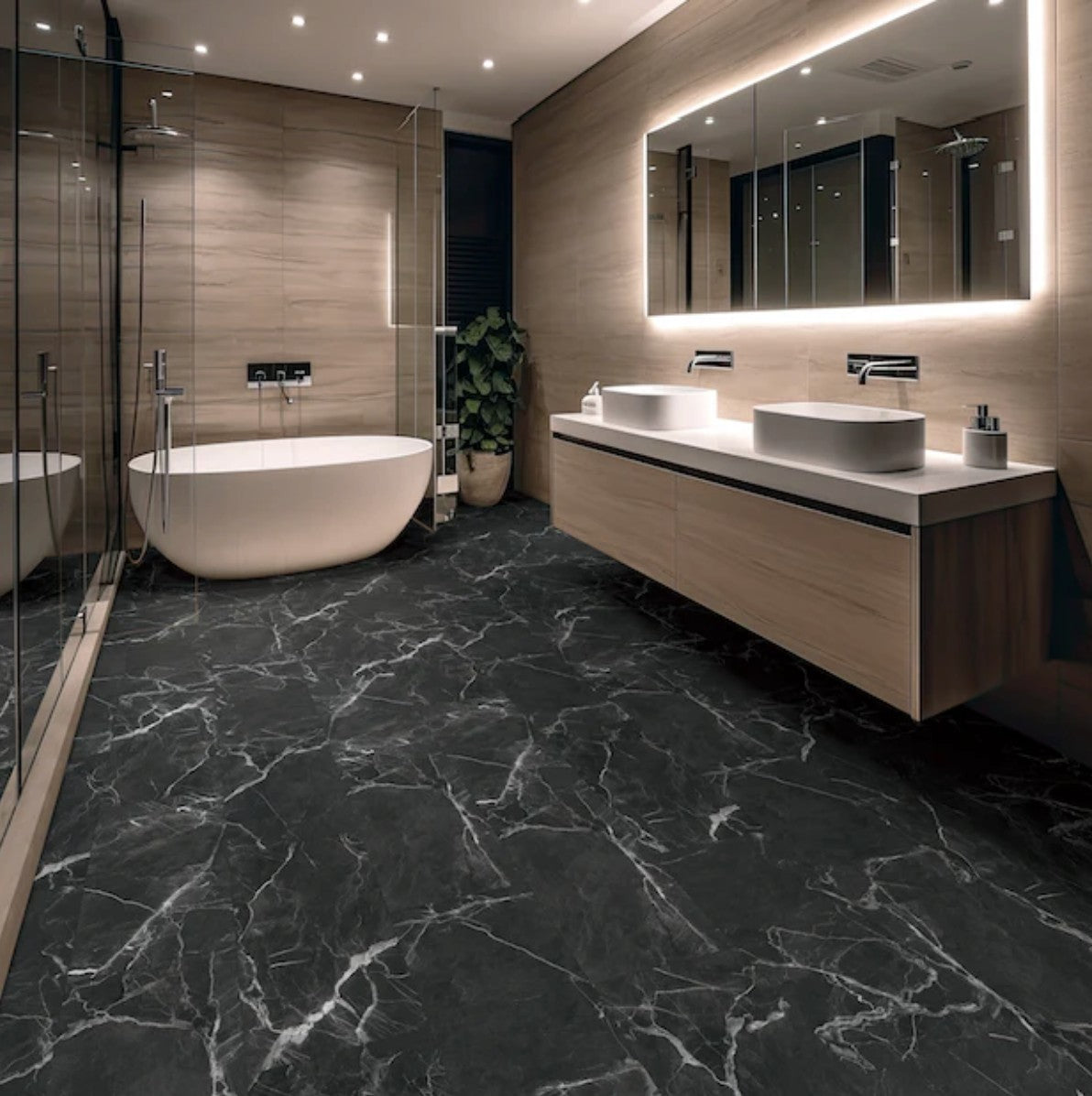 Modern bathroom with black marble floor, white bathtub, and vanity with mirror. BiYork Hydrogen 6 Onyx luxury vinyl tile.