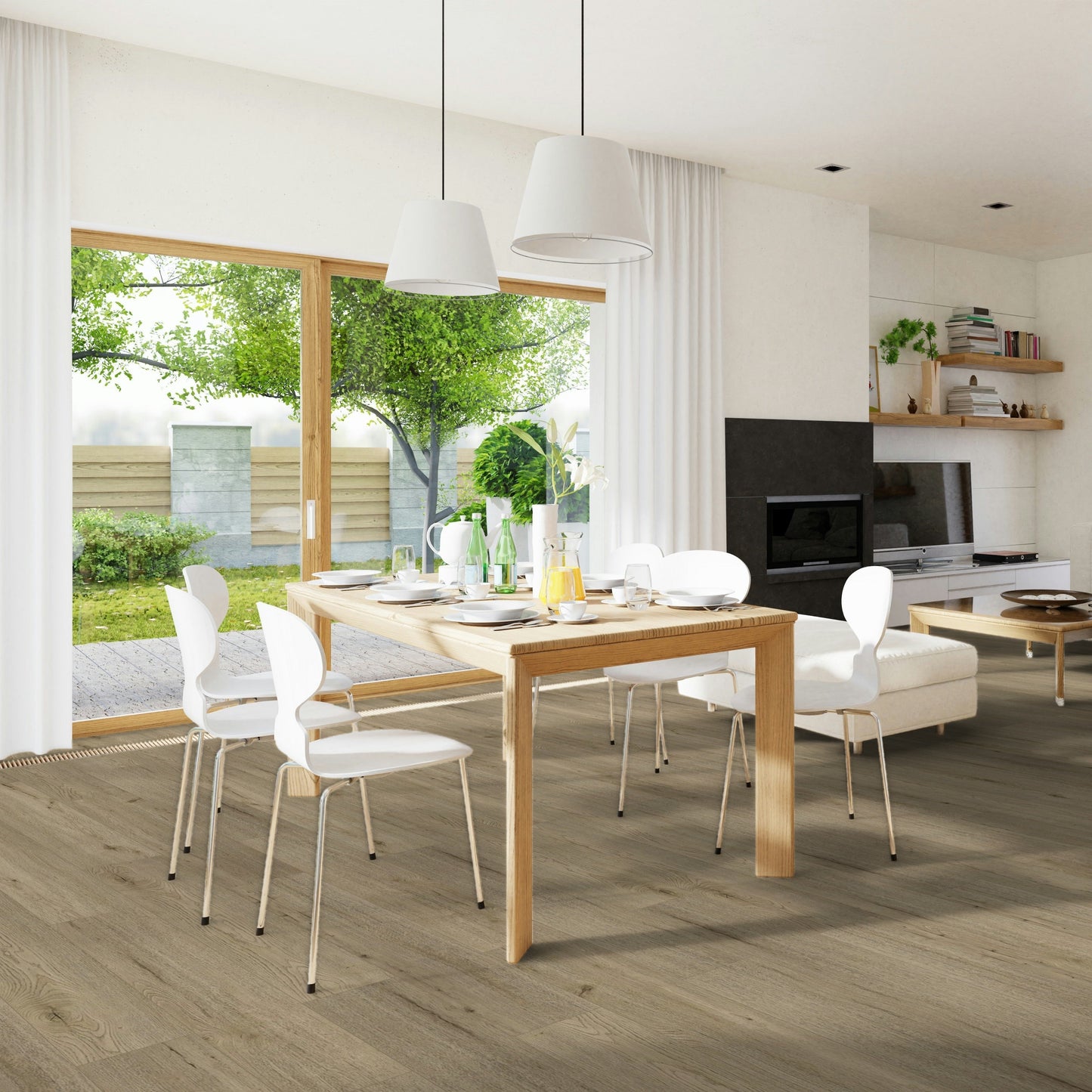Modern living room with a dining table and chairs, and a television set. Lakeside Park Tranquil laminate.