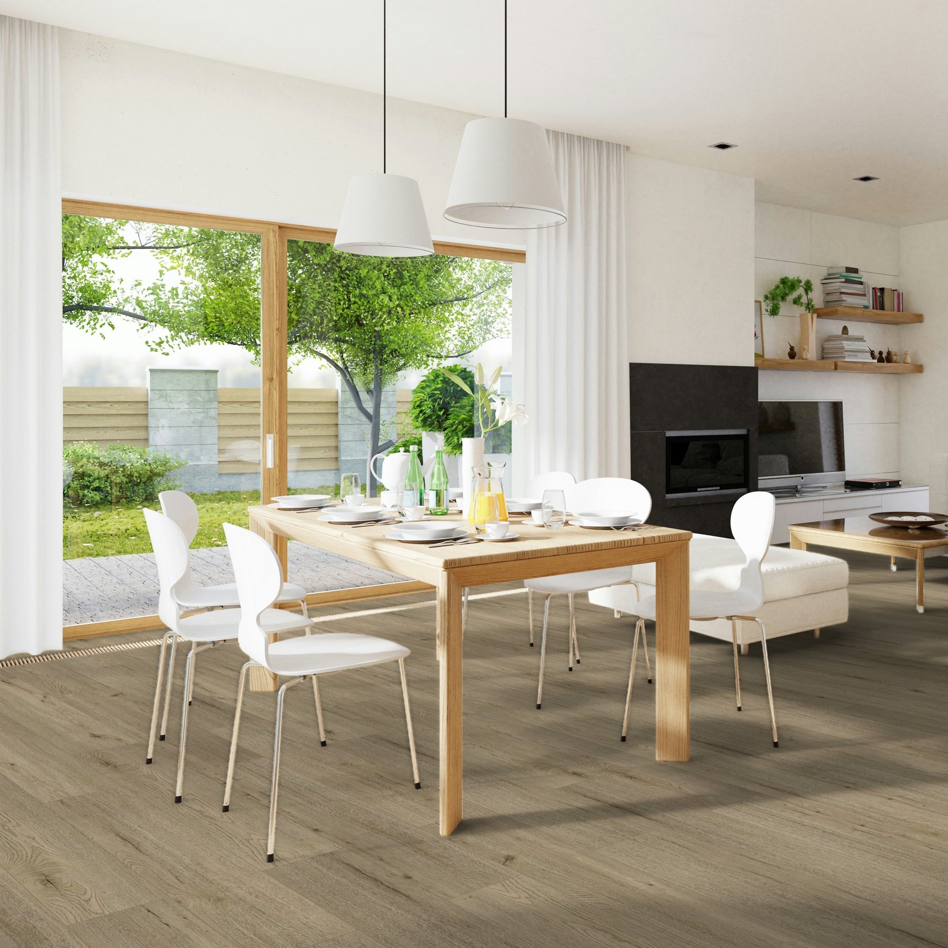 Modern living room with a dining table and chairs, and a television set. Lakeside Park Tranquil laminate.
