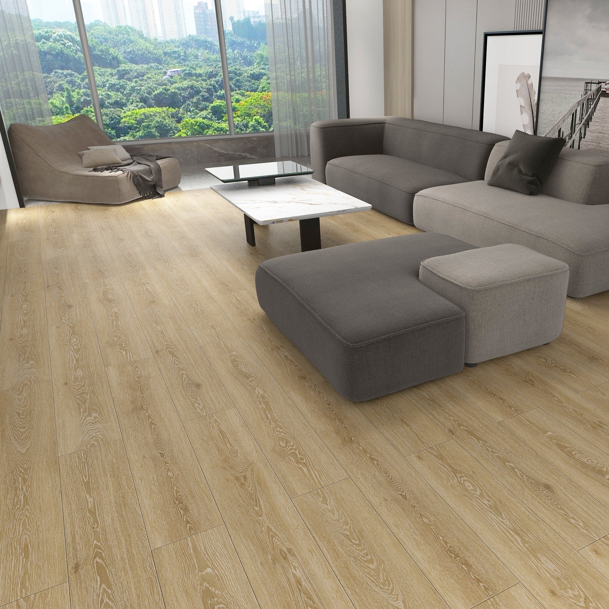 Modern living room with gray sectional sofa and wooden flooring. Northern Plank Caribour laminate.