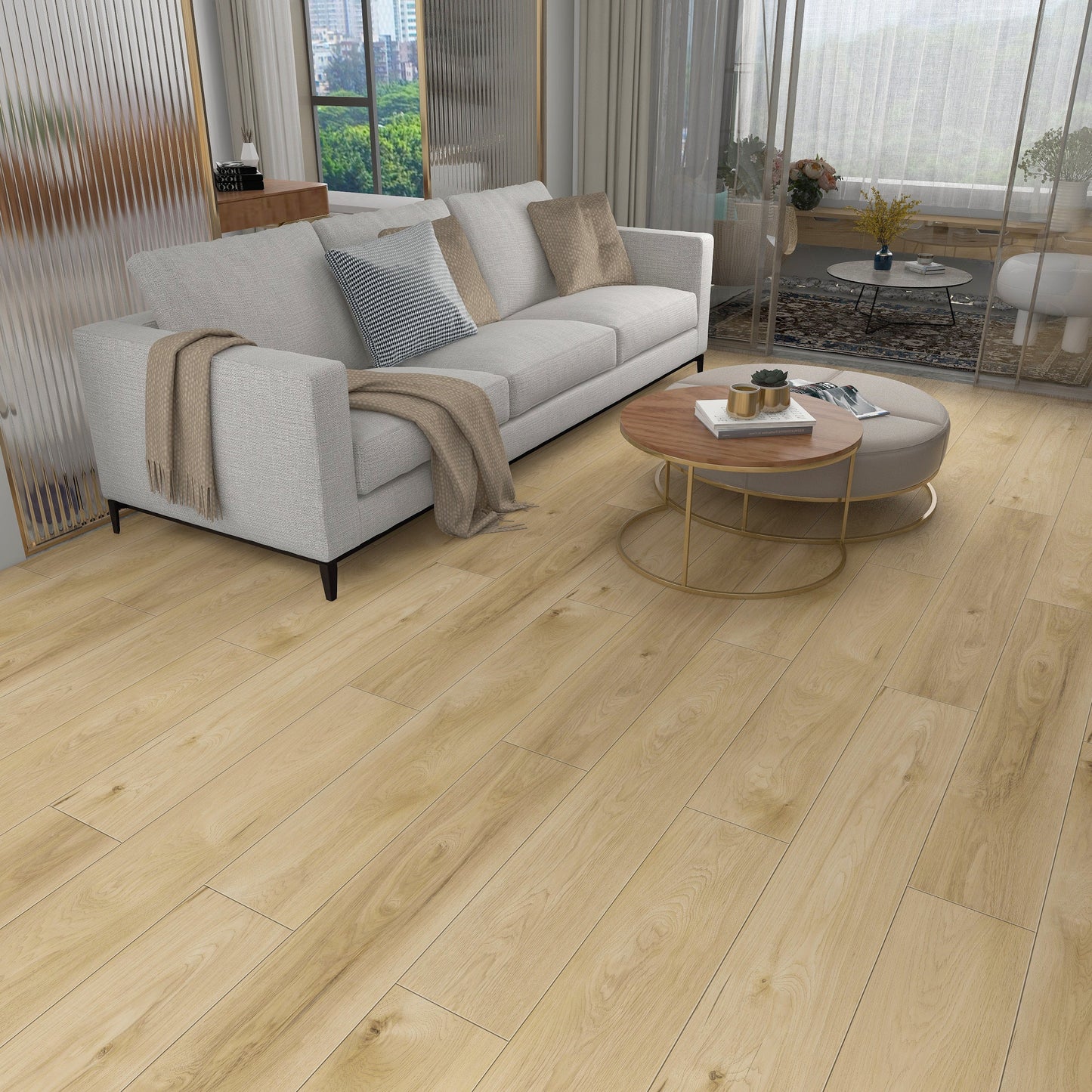 Modern living room with light wood flooring, white sofa, and decorative items. Northern Plank Ermine laminate flooring.