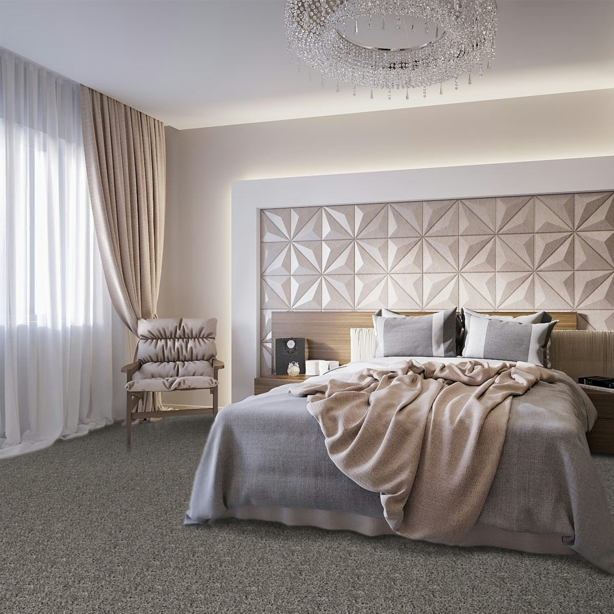 Modern bedroom with a geometric headboard and decorative lighting. Beaulieu Romantic Getaway Warm Grey carpet made in Canada.