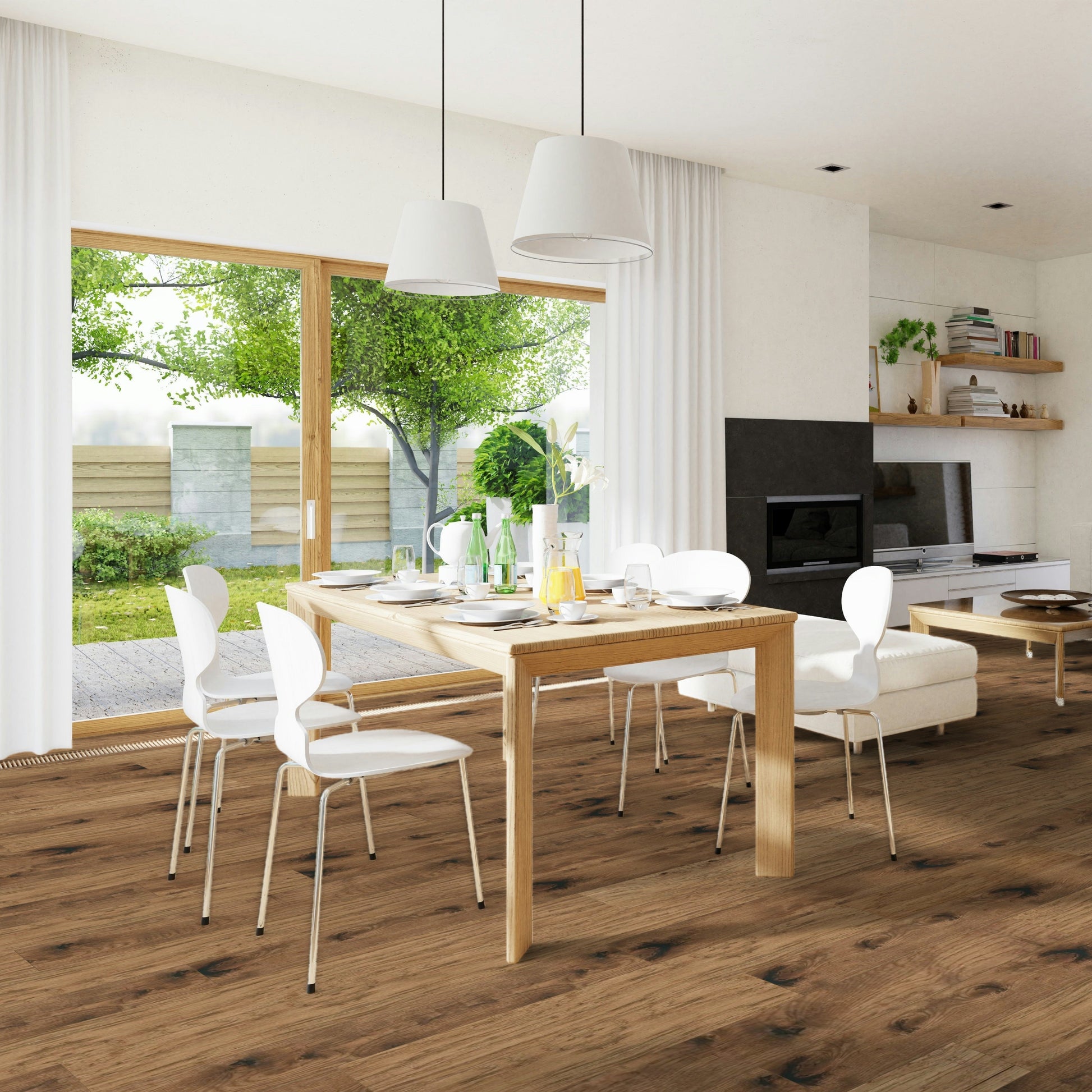 Modern living room with a dining table and chairs, sofa, and television. Rustic Timbermill Tavern hardwood floor.